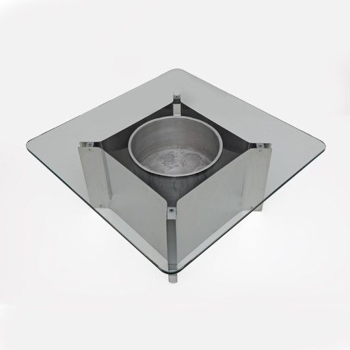 Michel Boyer Style Mid-century Modern French Steel and Glass Coffee Table, 1970s