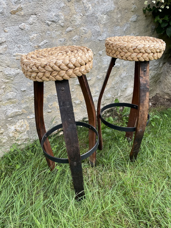 Image 1 of Bar e sgabello in rattan attribuiti ad Audoux e Minet