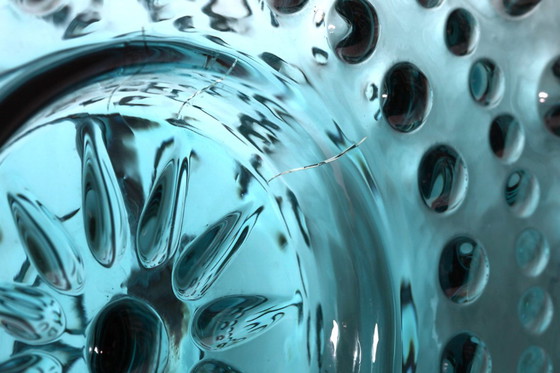 Image 1 of Large Vintage Teal Sunburst Blue Bubble Glass Vase / Erich Jachmann for WMF / 1960s