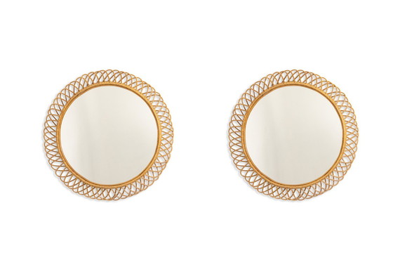 Image 1 of Pair of Round Wicker Mirrors with Interlacing. Circa 1980.