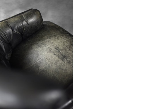 Image 1 of Vintage Mid Century Deense Moderne Gequilte Zwart Leren Wing Stoel, 1960