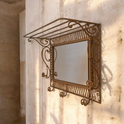 Appendiabiti vintage in ferro battuto con specchio e cappelliera