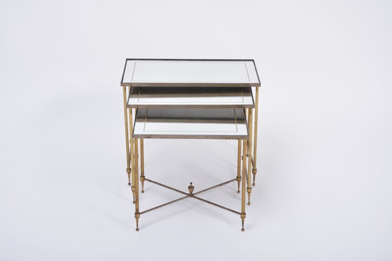 Image 1 of Hollywood Regency Brass and Glass Nesting Tables in the Style of Maison Jansen, Set of 3