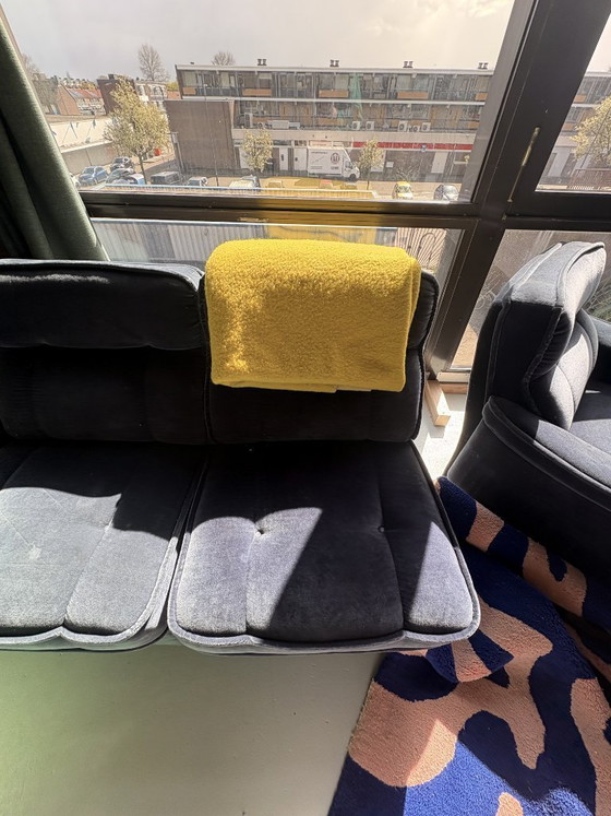 Image 1 of Canapé modulable Hukla 6 pièces avec fauteuil assorti, velours bleu années 70