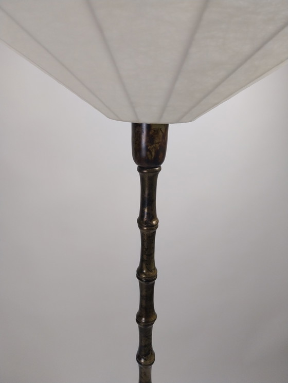 Image 1 of 1 x lot de 2 lampadaires en métal imitation bambou avec abat-jour cocon ELGO. Années 1970