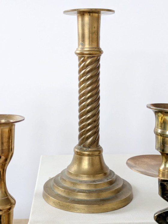 Image 1 of Set of 6 Vintage Brass Candleholders: Mixed-Height and Designs, Holiday Table