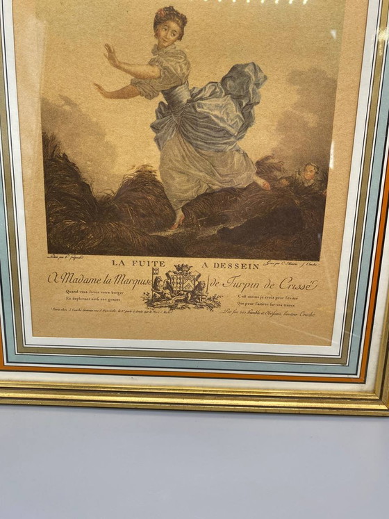 De Ontsnapping, prent naar Fragonard, gegraveerd door Massin en Couché, ingelijst – Decoratieve objecten (photo 3 of 5)
