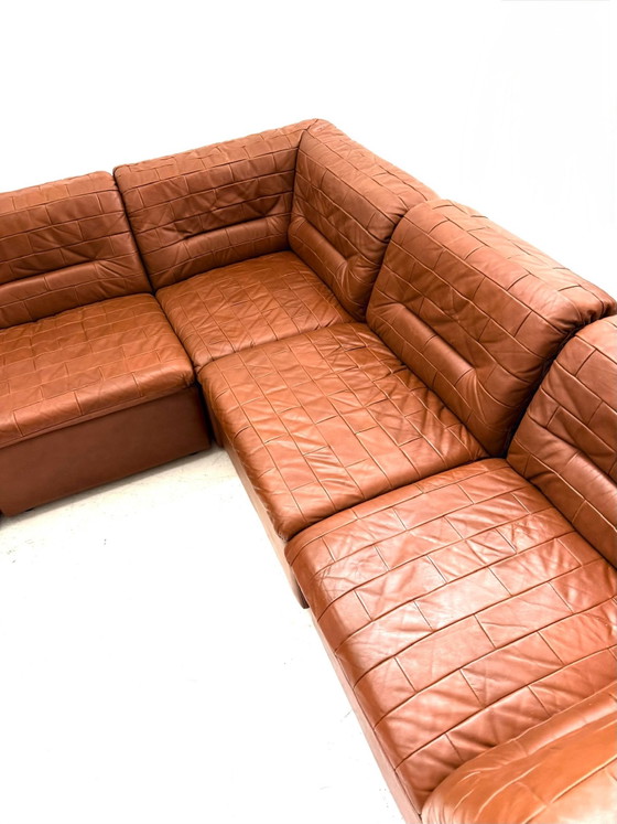 Vintage 6-delige modulaire patchwork elementenbank ‘80, Modulaire banken, Kunststof, Leer, Bruin (foto 7 van 10)