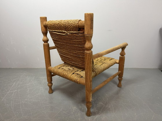 Image 1 of Charlotte Perriand Style Beech Wood Easy Chair with Sisal Rope Wickerwork, 1960s.