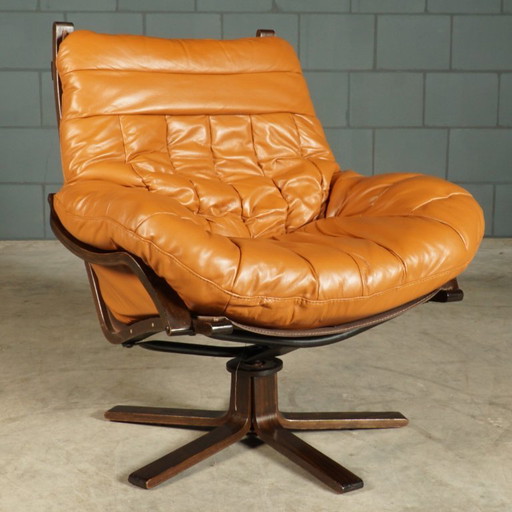 Skandinavischer Drehsessel aus der Mitte des 20. Jahrhunderts – cognacfarbenes Leder – 1970er Jahre – fauteuils, Canvas