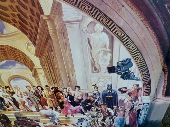 Image 1 of Een kunstreproductie van het schilderij "100 Years of Film” van kunstenaar Renato Casaro.