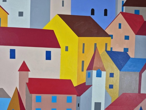 Image 1 of Paisaje urbano abstracto "Casas llenas" - pintura en color sobre MDF de Franklin van Dam (95x95 cm)