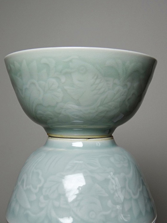 Image 1 of 4 Vintage celadon porcelain Chinese rice bowls from the 1970s-80s with koi carp reliefs