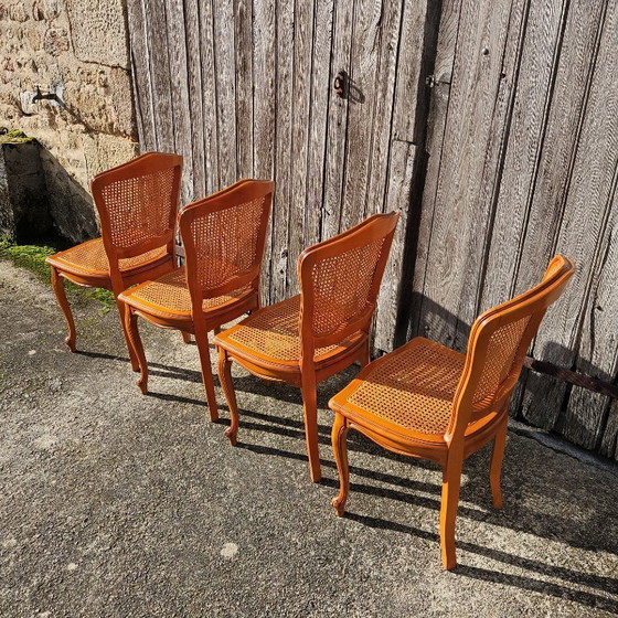 Image 1 of 4 chaises de salle à manger vintage françaises en rotin - chaises de style cottage - style Louis XV - années 80