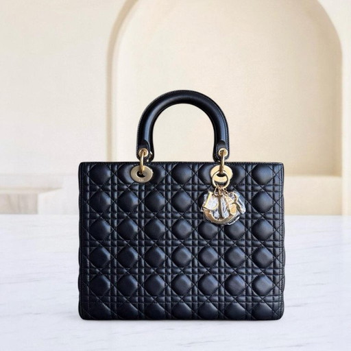 DIOR LADY LARGE - CANNAGE LAMSLEER ZWART MET GOUDEN BESLAG ZONDER BANDJE
