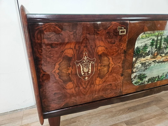 Image 1 of Mid-century mahogany sideboard from the 1950s with aqua green glass and a central bar compartment