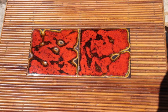 Image 1 of Mesa de servicio/rueda de ratán y cerámica de Audoux Minet, 1950