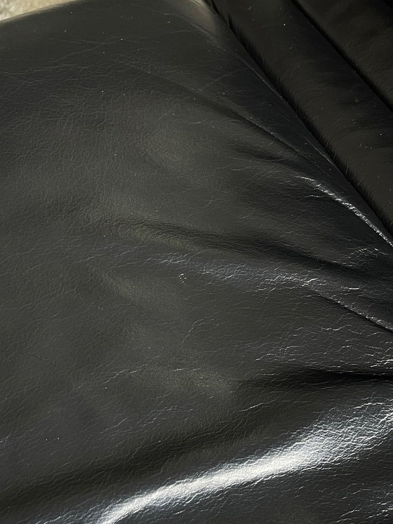 Image 1 of Vintage 2-seater lounge sofa — black leather & solid wood, Italy, 1970s–80s