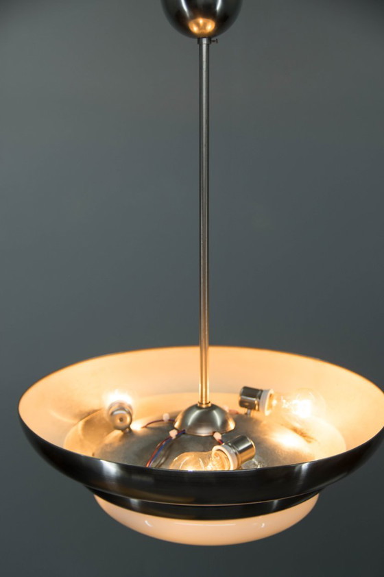 Rare Franta Anýž Nickel Chandelier, 1930s, Restored – Anyz Franta, Metal, Glass (photo 9 of 12)