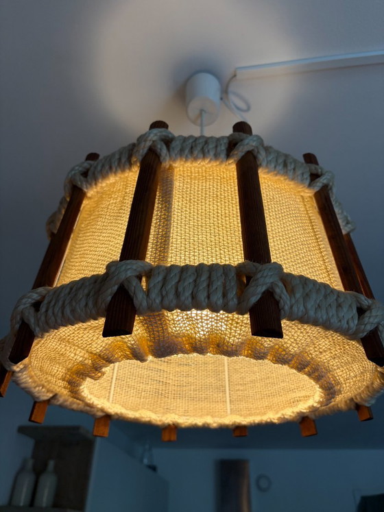 Lampada a sospensione vintage, in legno e corda, anni '60-'70 – Lampade a sospensione, Textile, Wood (photo 10 of 14)
