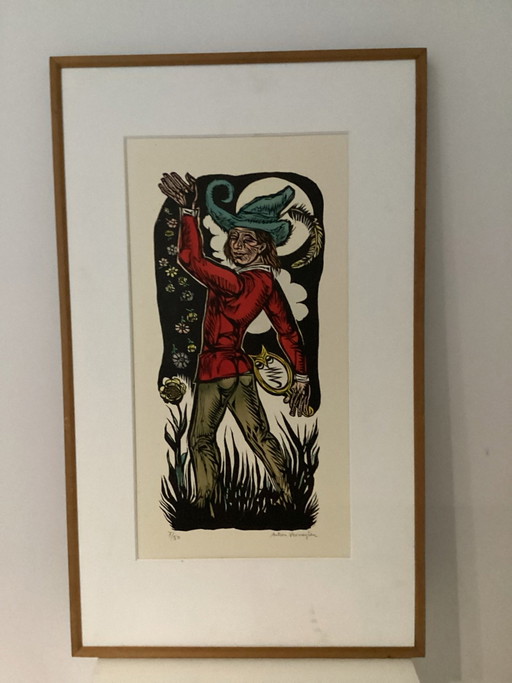Xilografía original firmada a mano por Antoon Vermeylen (Voor de Uilenspiegel gezellen, 1979). Edición de lujo limitada 7/50.