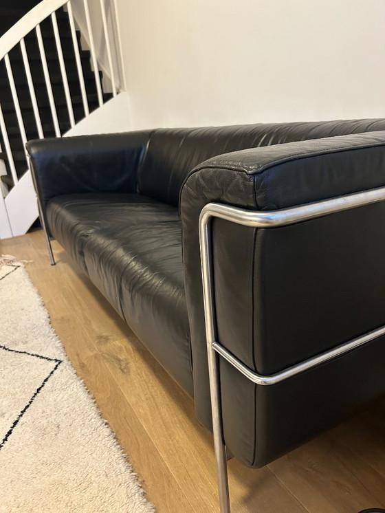 Image 1 of 1x Harvink Negro Sofá de tres plazas - Cuero, acero inoxidable (210x90x 70cm)