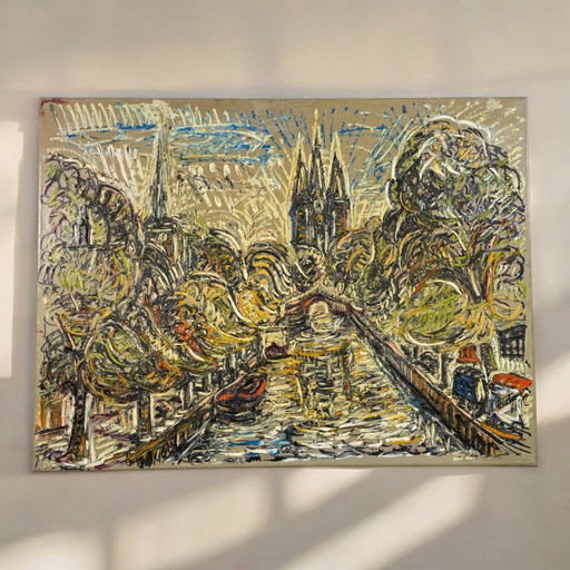 1961 Gemälde im Van-Gogh-Stil der Oude Kerk vom Oude-Delft-Kanal aus gesehen