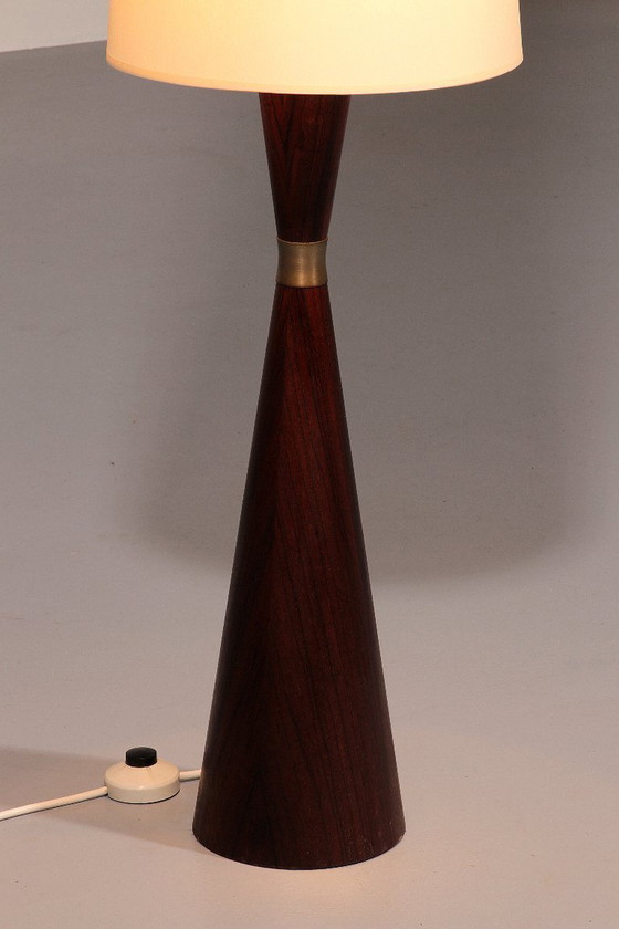 Image 1 of Lampada da terra vintage in teak con paralume in tessuto di Parker Knoll, 1960