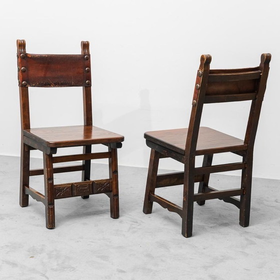 Image 1 of  SET DI 6 SEDIE DA PRANZO IN LEGNO E PELLE MARRONE FINE XIX SECOLO