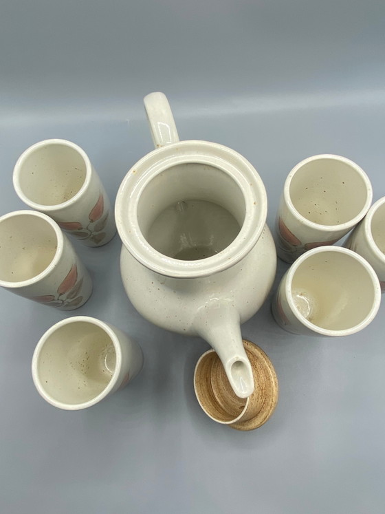 Salins France aardewerk koffieservies – koffiepot en 6 kopjes – roze bloemendesign – Cork (photo 7 of 12)