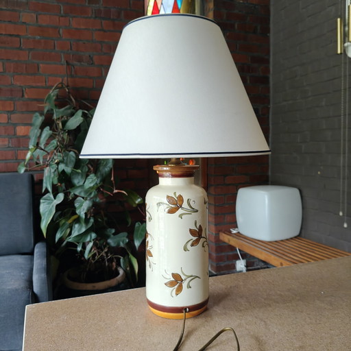 Large 1970s Hand-Painted Ceramic Table Lamp Ø40 cm – Floral Pottery Lamp