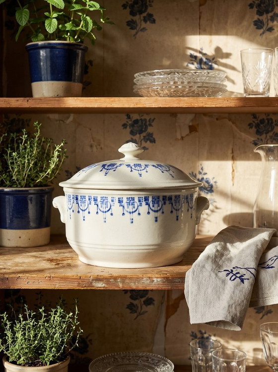 Image 1 of Antique glazed ironstone bouillon/casserole dish with blue St Uze decoration