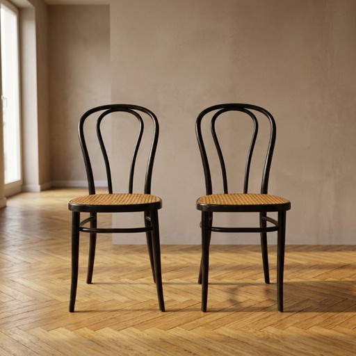 Een paar gebogen houten stoelen, met Weense rieten zittingen, jaren 60, Polen
