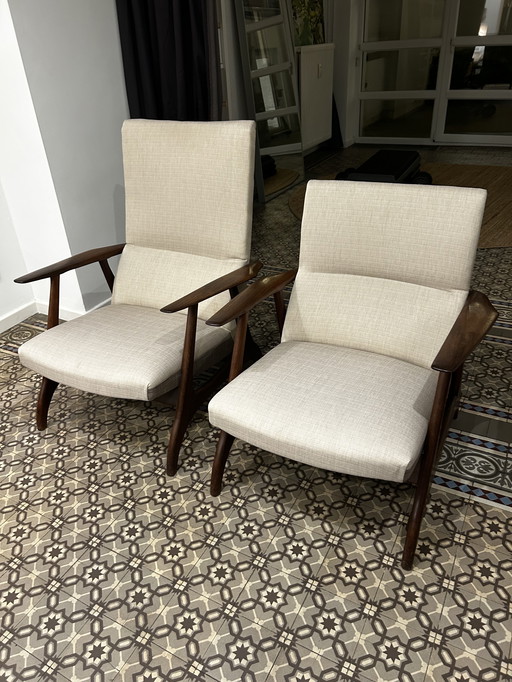 Ensemble de 2 fauteuils vintage design Deens uit de jaren '60 Teakhout. Dames et hommes modèle. Opnieuw gestofferd.