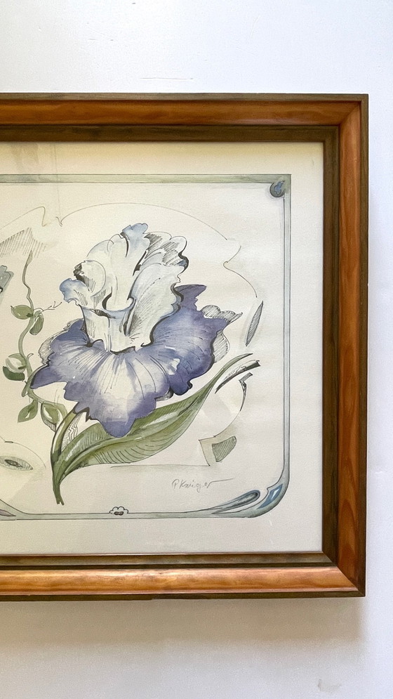 Image 1 of Irisblüte auf Papier Rahmen Holz Vintage