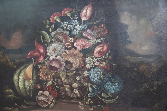 Image 1 of Still Life with Flowers, Antique Oil on Canvas, Italy 18th Century