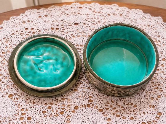 Vintage turquoise ceramic jewelry box with lid, Libertas, Decorative Objects, Brown (photo 5 of 5)