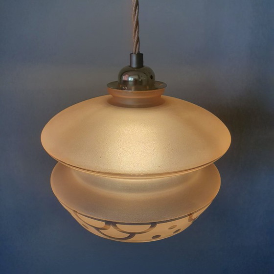 Image 1 of Vintage hanglamp - rose opaline glas met frosted textuur en decoratie 