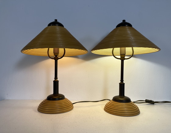 Image 1 of 2 lampade vintage in rame e rattan, Italia