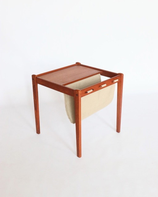 Vintage Danish side table teak magazine rack reading tray