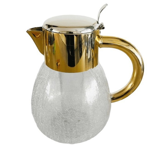 Vintage Kalte Ente glazen karaf waterkan craquelé glas verguld metaal 1970's