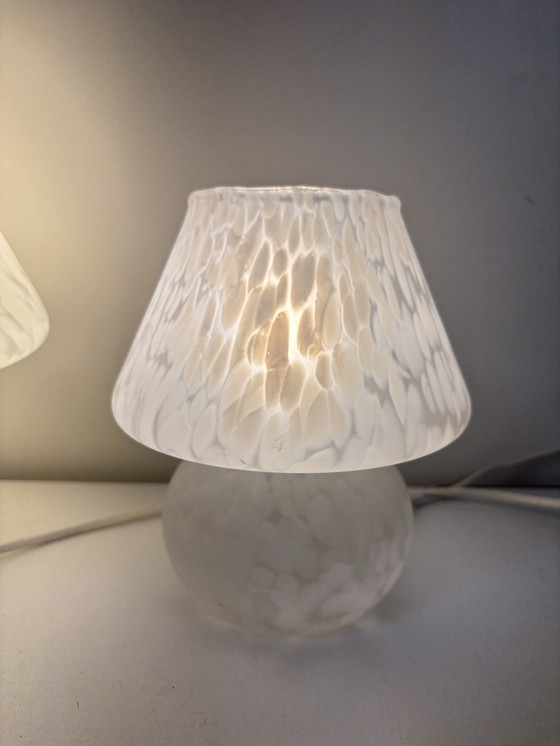 Image 1 of Set of 2 Vintage "mushroom" lamps made of white marbled glass