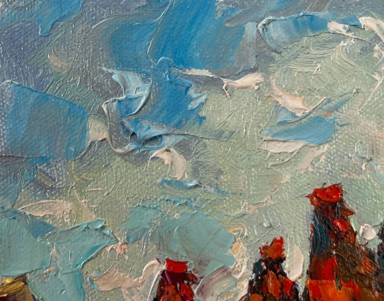 Image 1 of Peinture à l'huile originale, paysage animalier d'été, chant du coq au petit matin