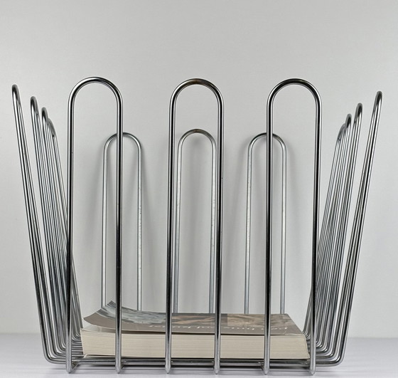 Image 1 of Large Vintage XL Wire Steel Chrome Newspaper Container / Reading Rack