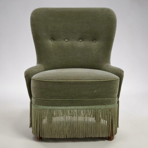 Fauteuil danois des années 1970, revêtement en velours vert.