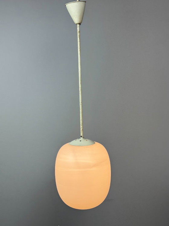 Tall Mid-Century Design Philips Industrial Pendant with Big White Oval Frosted Glass Ball, Netherlands, 1950s (photo 7 of 11)