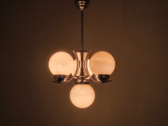 Image 1 of Art Deco Chrome and Opaline Glass Chandelier, Czechoslovakia