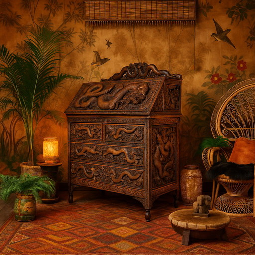 Antieke 19e Eeuwse Chinese Secretaire Mythologische Draken Houtsnijwerk / Bohemian / Aziatisch / Oriental (Huanghuali hout) 