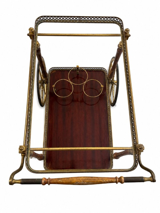 Image 1 of Carrello bar/carrello per bevande in ottone e legno, prodotto da Maison Jansen, Francia, anni '40.