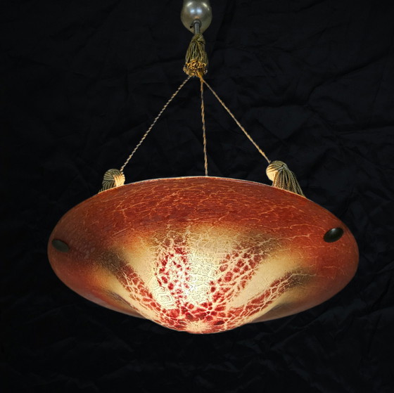 Image 1 of Antieke Oranje Duits Art Deco WMF Ikora Glazen Hanglamp 1930s / glass art deco orange hanging light 